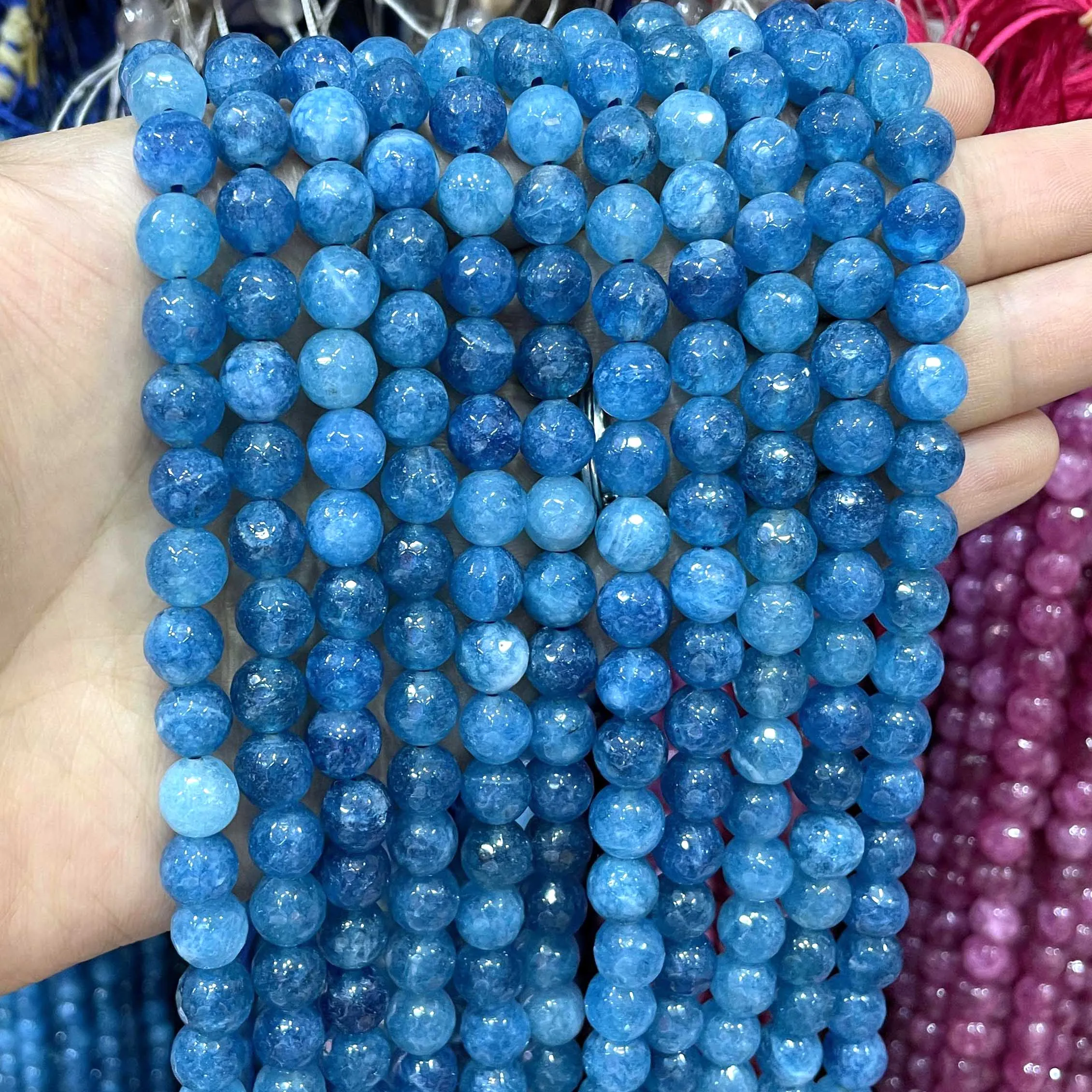 Faceted Blue Apatite Jades Natural Stone Round Loose Spacer Beads For Jewelry Making DIY Bracelets Necklace 6/8/10mm