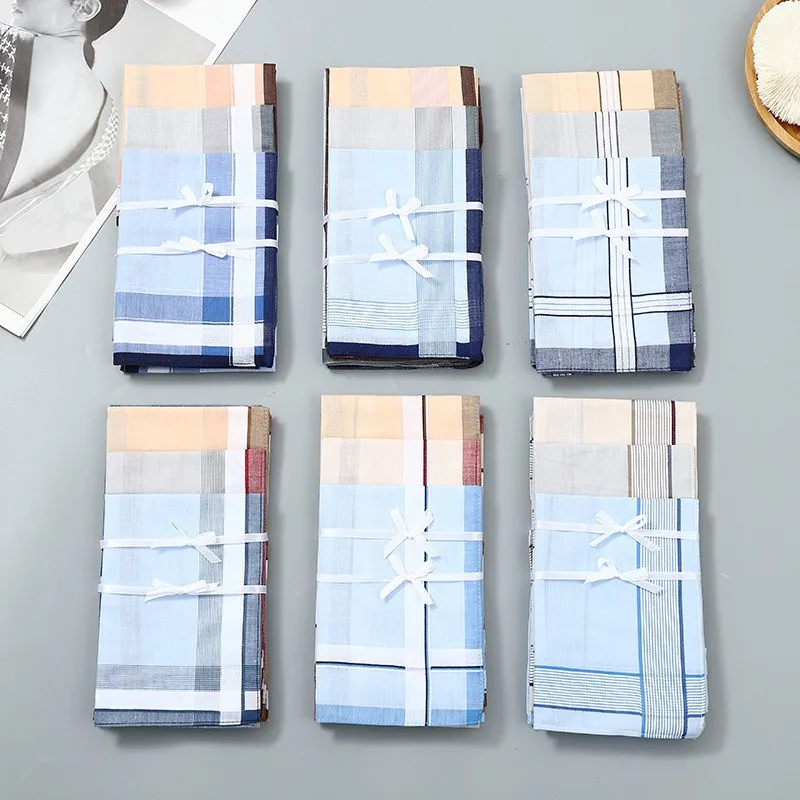 3Pcs 40x40cm Plaid Striped Woven Polyester Cotton Men Sweat Wiping Square Towels Retro Classic Absorbing Handkerchiefs