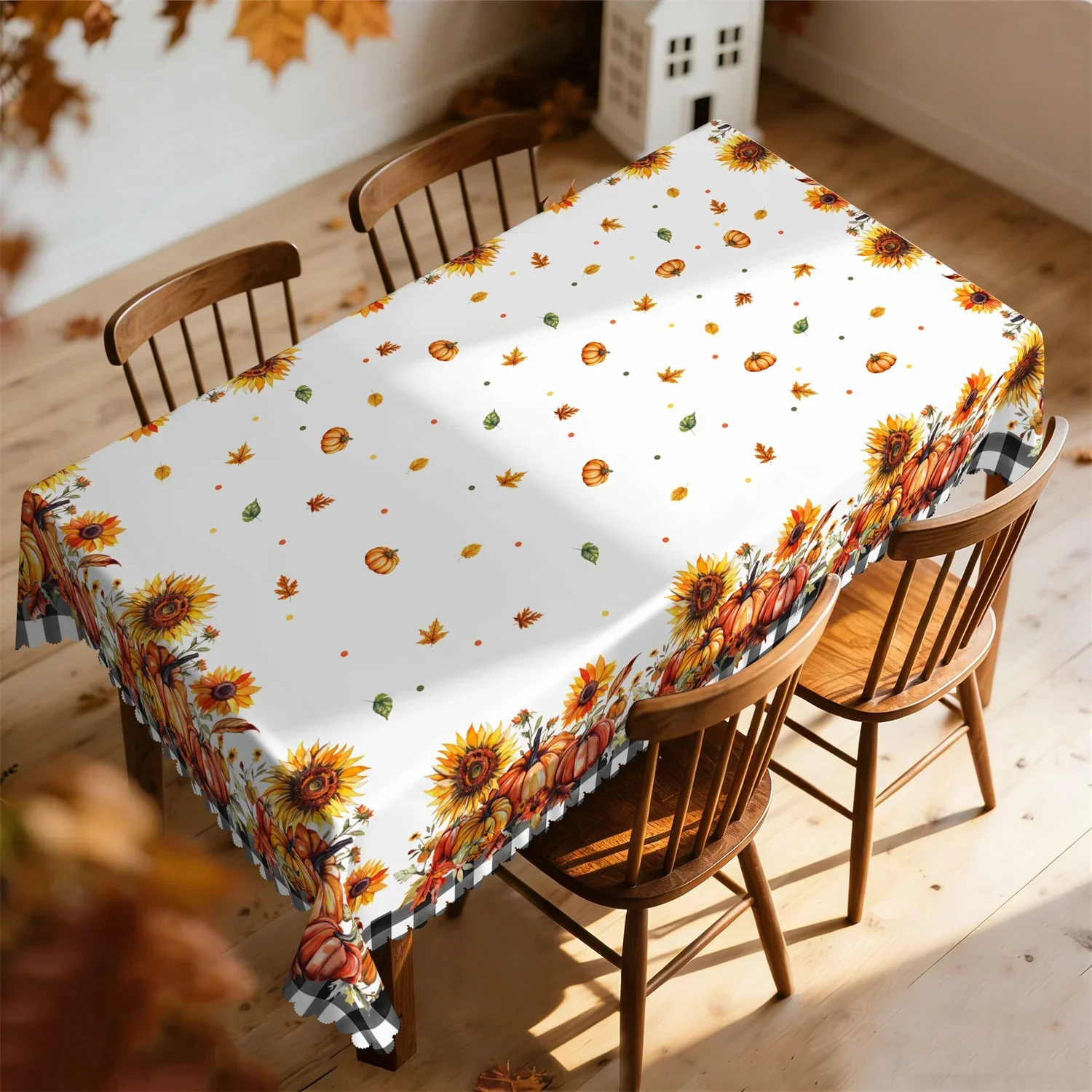 Black and white checkered pumpkin autumn leaves autumn tablecloth, 1 pack, suitable for Thanksgiving.yzb