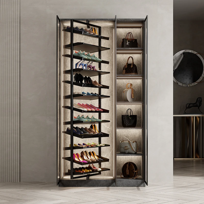 Shoe cabinet, dining side integrated, leaning against the wall, minimalist doorstep, rotating 360 degree pull-out shoe rack