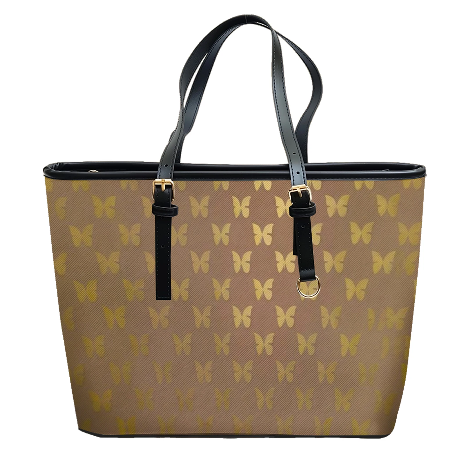 Golden Butterfly Printed Oxford PVC Leather Shoulder Bag Zipper Lightweight Tote Daily Use Convertible Work Weekend Purse