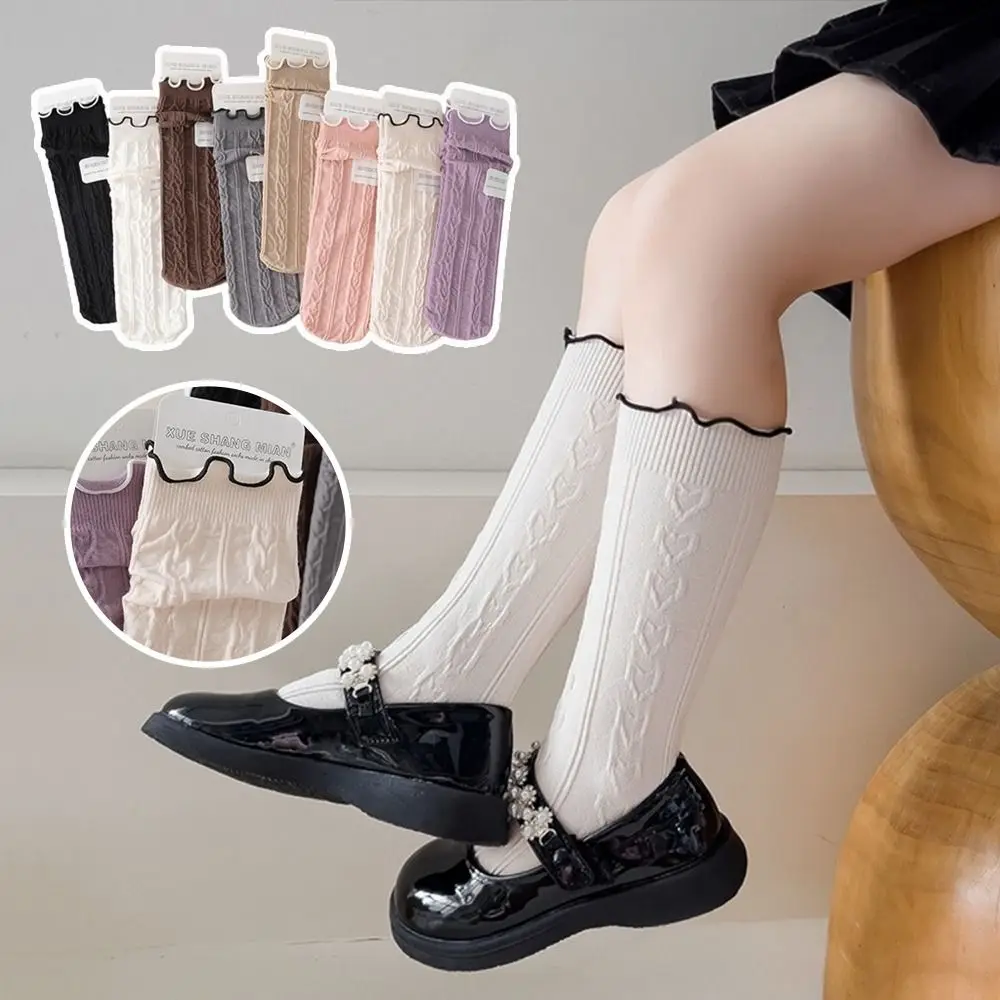 

Модные хлопковые носки в стиле Лолиты, однотонные длинные носки с рюшами для девочек, детские носки до середины икры