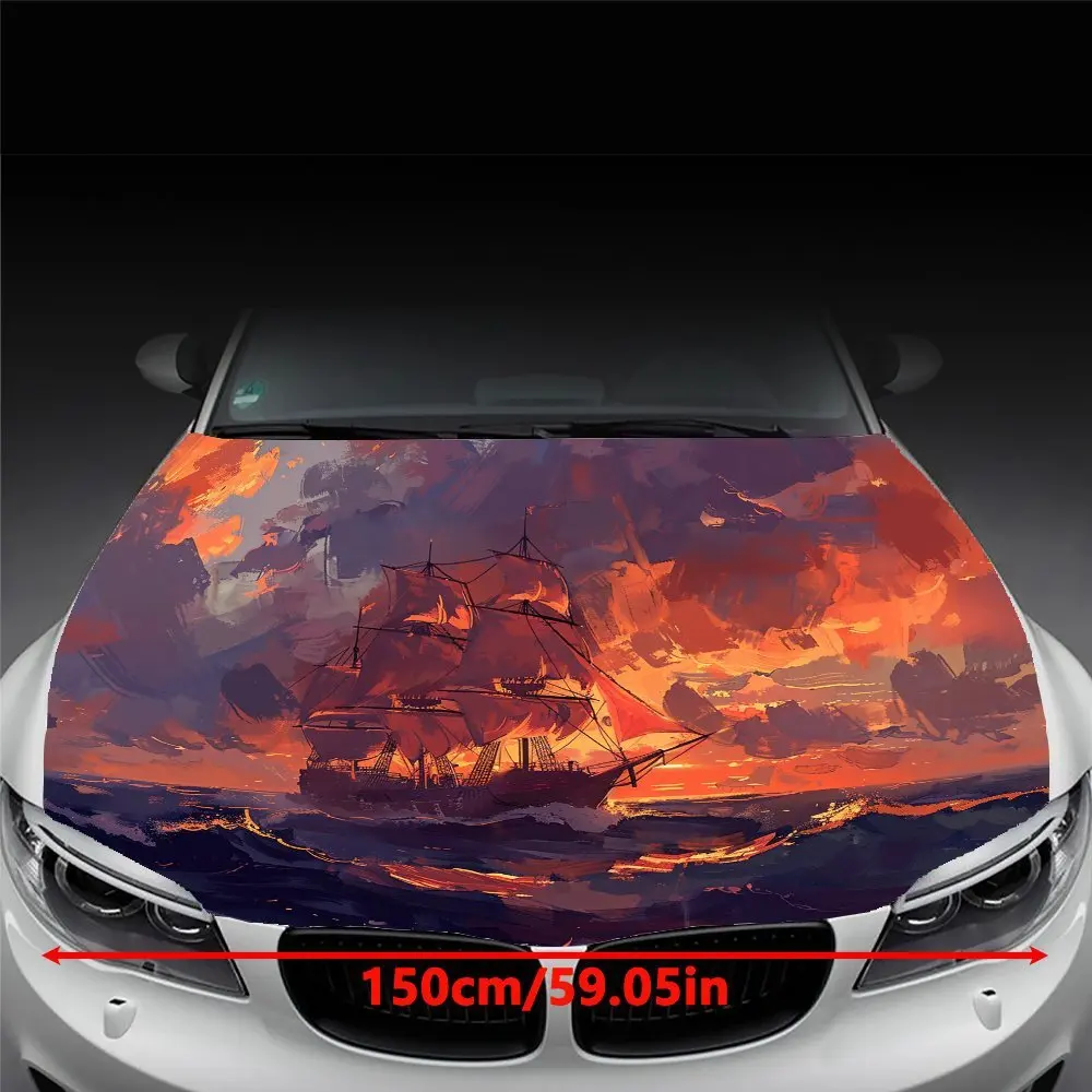 ملصق غطاء محرك السيارة على شكل قارب إبحار عند غروب الشمس - ملصق لف من الفينيل المتين مع معظم المركبات، مادة فينيل خارجية عالية الجودة
