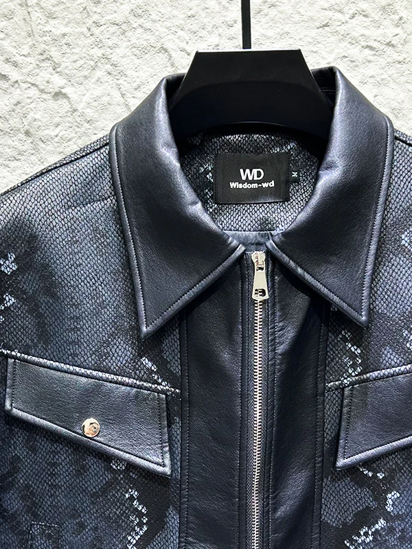 American Style Retro Trendy Snake Skin Pattern Jackets Men's 2025 Autumn New Personality Design Splicing Leather PU Short Coats