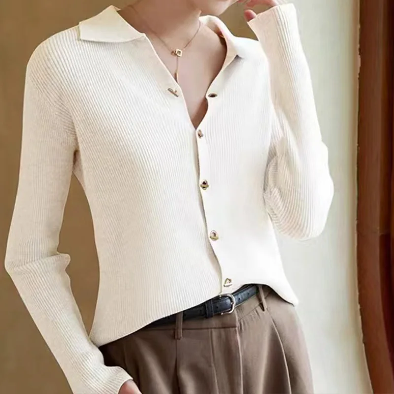 Sweter damski z dzianiny, kardigan, nowy, długi rękaw, kołnierzyk wykładany, sweter z dzianiny, kardigan damski, topy, odzież dzianinowa, odzież damska Q1155