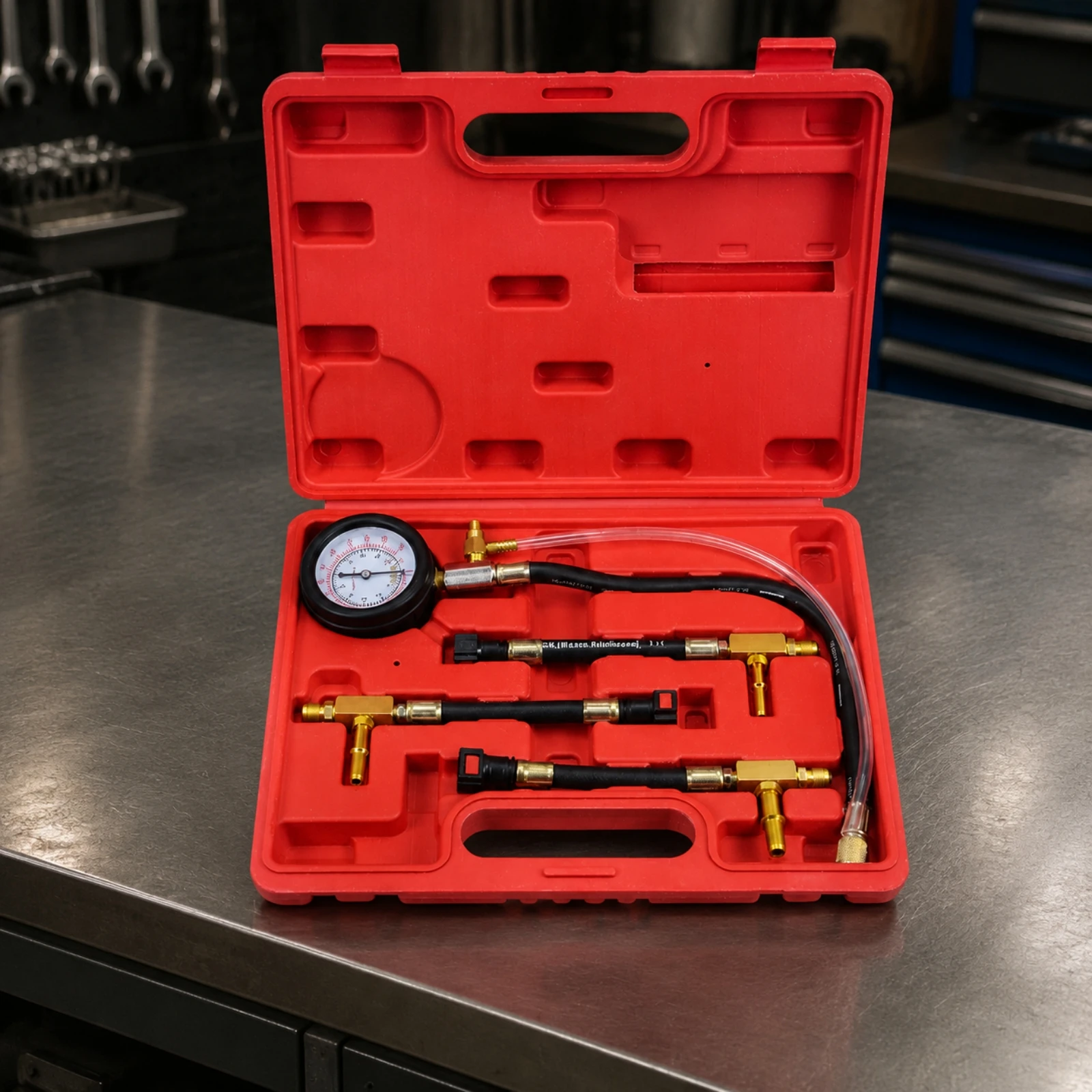 Fuel Pressure Tester with Molded Case Workshop-Ready Analog Fuel Pressure Gauge Kit with Hoses and Adapters Rugged Long-Lasting