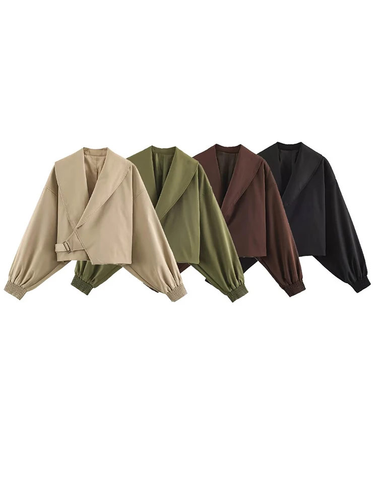

Women Asymmetric Wrap Buckle Cropped Jackets Oversized Lapel Elastic Cuff Bomber Outerwear Coats