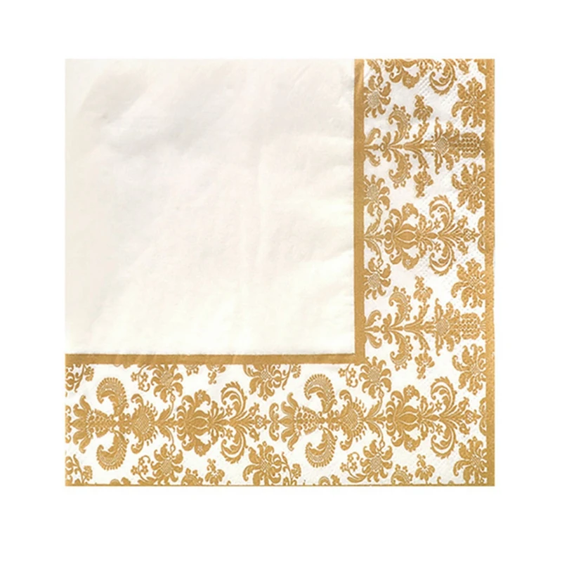 2X 100Pcs Gold Printing Disposable Napkin Tissue Paper Printed Napkins For Restaurant And Hotel (Golden + White)