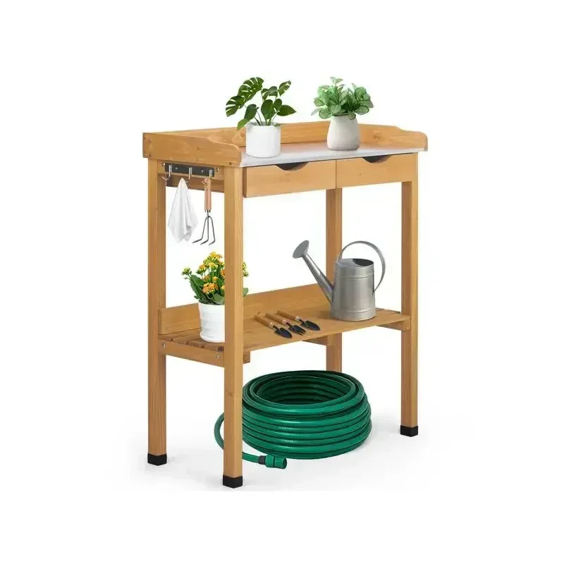 

Wooden Outdoor Potting Bench Table with Metal Top, 2 Drawers, Storage Shelf & 3 Hooks for Gardening
