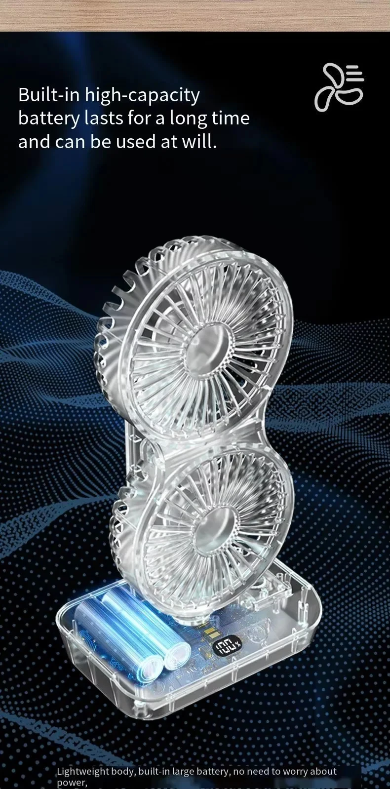 Rechargeable Desk Fan With Double Head And Digital Display_voghion.com
