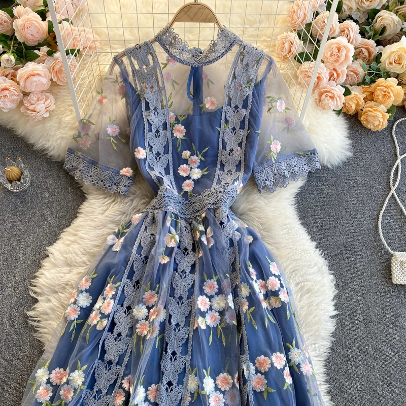 Hikigawa Chic Fashion Women Gentle O Neck Short Sleeve Gauze Embroidery Crochet Floral Dress Vintage Elegant Slim Vestidos Mujer