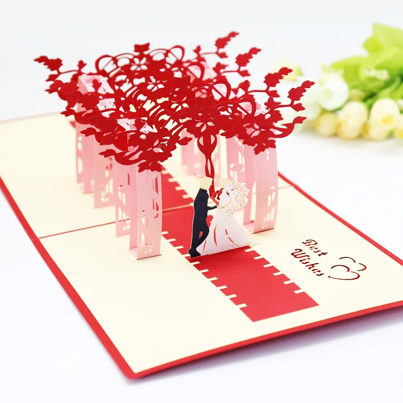 

3D Pop UP Cards Valentines Day Gift Postcard with Envelope Stickers Cherry Tree Wedding & Engagement Invitation Greeting Cards