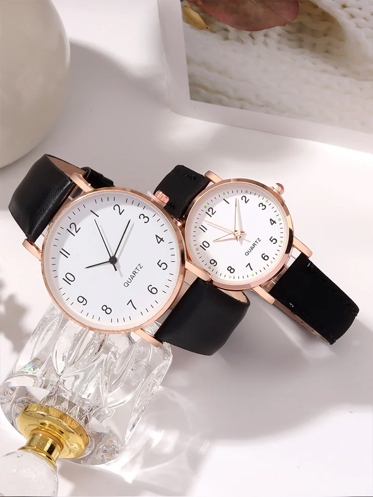 4pcs Trendy, Simple and Casual Quartz Watches for Student Couples+heart-shaped Patchwork Couple Necklaces