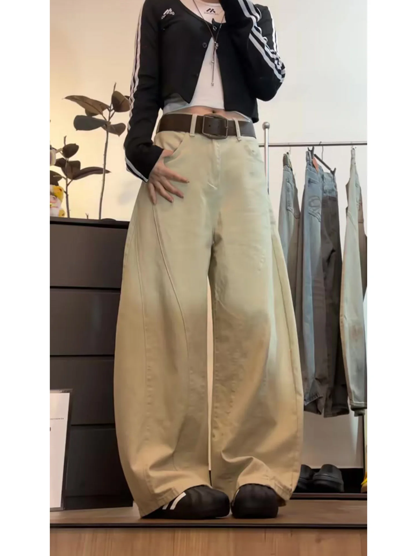 

American Style Embroidered Denim Pants Women's Summer Straight Leg Floor-Length Slimming Trousers with Pockets Low Waist
