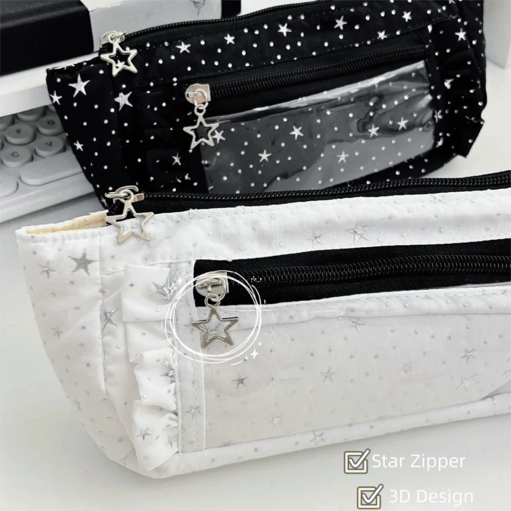 Zipper Star Pain Bag Large Capacity Lace Ruffle Student Pencil Case Transparent Window Pen Pouch for Students Gift