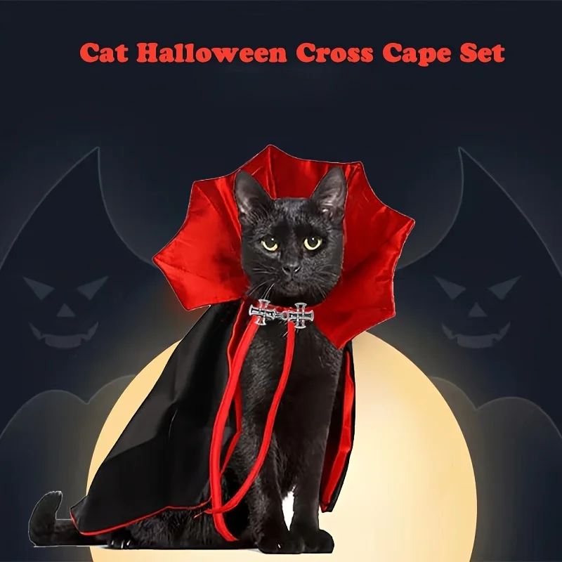 Spooky Halloween Vampire Couture for Cats: 2-Piece Pet Cape & Collar Set - Perfect for Small, Medium, and Large Furry Friends -