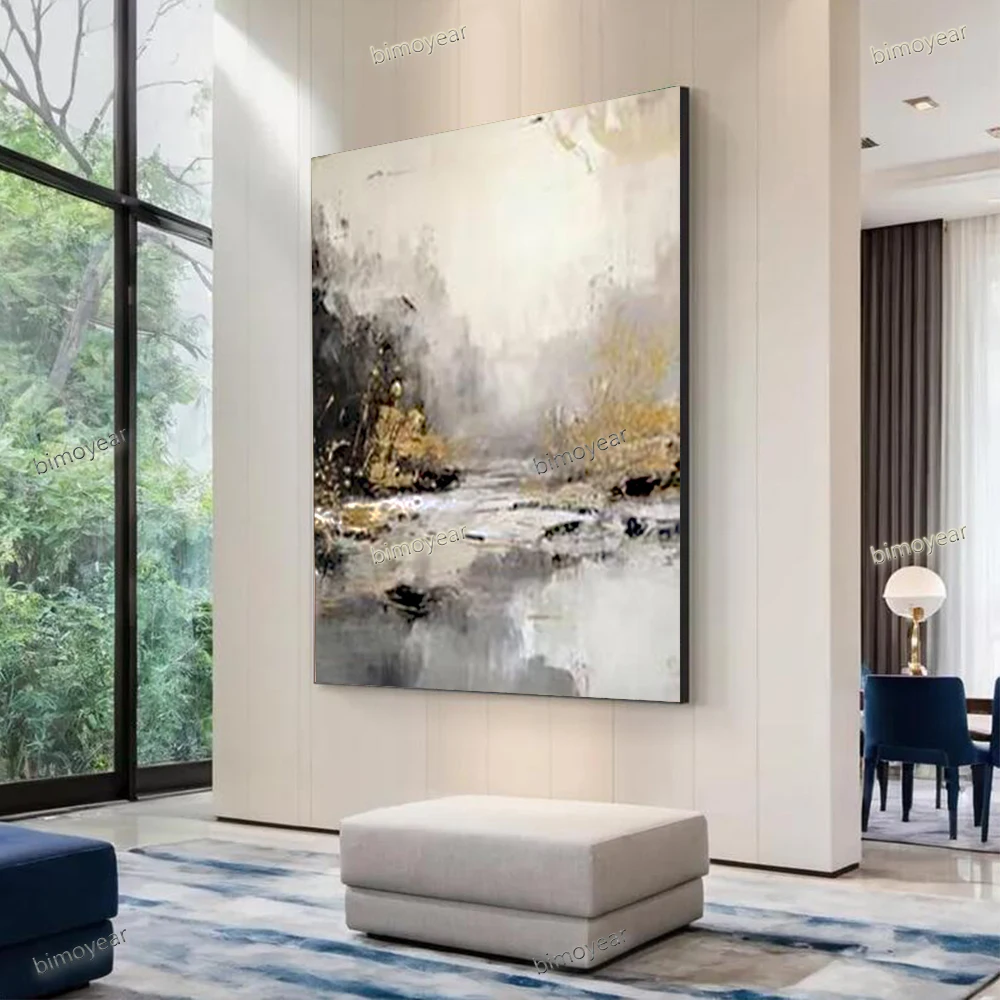 100% Handmade Abstract Oil Painting Gift Black-Gold Stream Landscape Wall Art Picture for Home Living Room Decor Image On Canvas