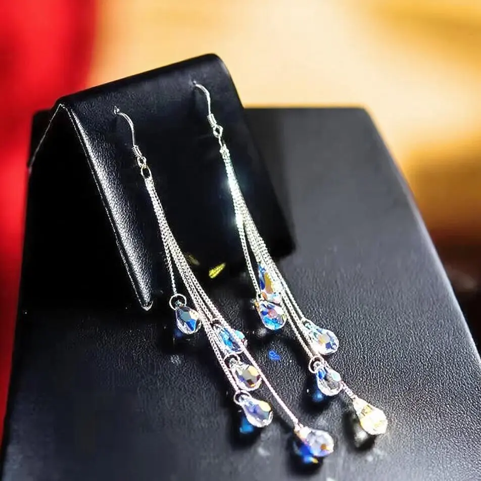 Temperament Crystal Water Drop Tassel Earrings for Women Delicate Colorful Clear Long Dangle Ear Line Wedding Party Jewelry Gift