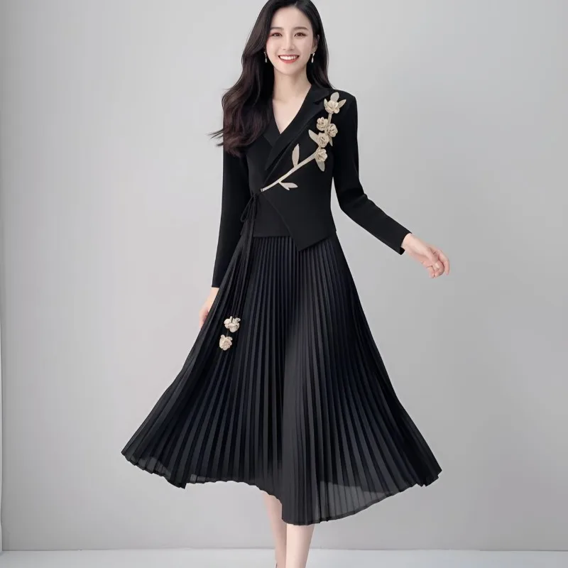 

Miyake Europe Новое плиссированное платье с трехмерным цветочным дизайном на шнуровке и длинными рукавами, свободные тонкие эластичные длинные женские платья