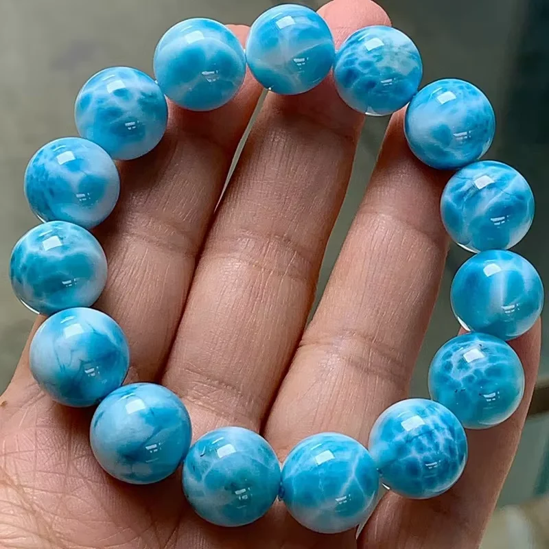 Genuine Natural Blue Ice Larimar Round Beads Top Quality  Larimar 10-16mm Water Pattern Women Man Stretch Bracelet