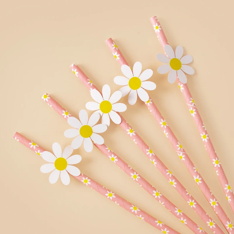 

20pcs Pink Daisy Flower Paper Straws Disposable Drinking Straws Daisy Wedding Birthday Party Decorations Baby Shower Supplies