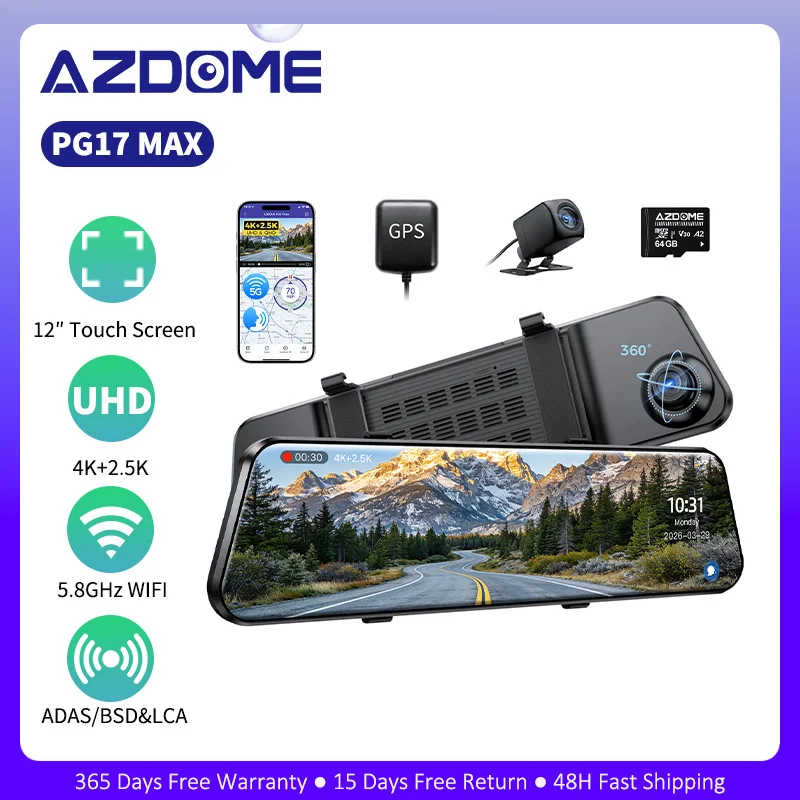 AZDOME PG17 MAX 4K 미러형 블랙박스 (ADAS, BSD&LCA 기능 탑재) 후방 카메라, 5.8G WiFi, 슈퍼 나이트 비전, GPS, 음성 제어, 12인치
