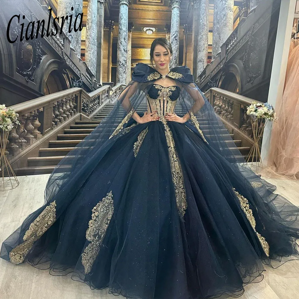 Navy Blue Quinceanera Dresses Ball Gown Formal Prom Graduation Gowns With Cape Lace Up Princess Beaded Sweet 15 16 Dress robe