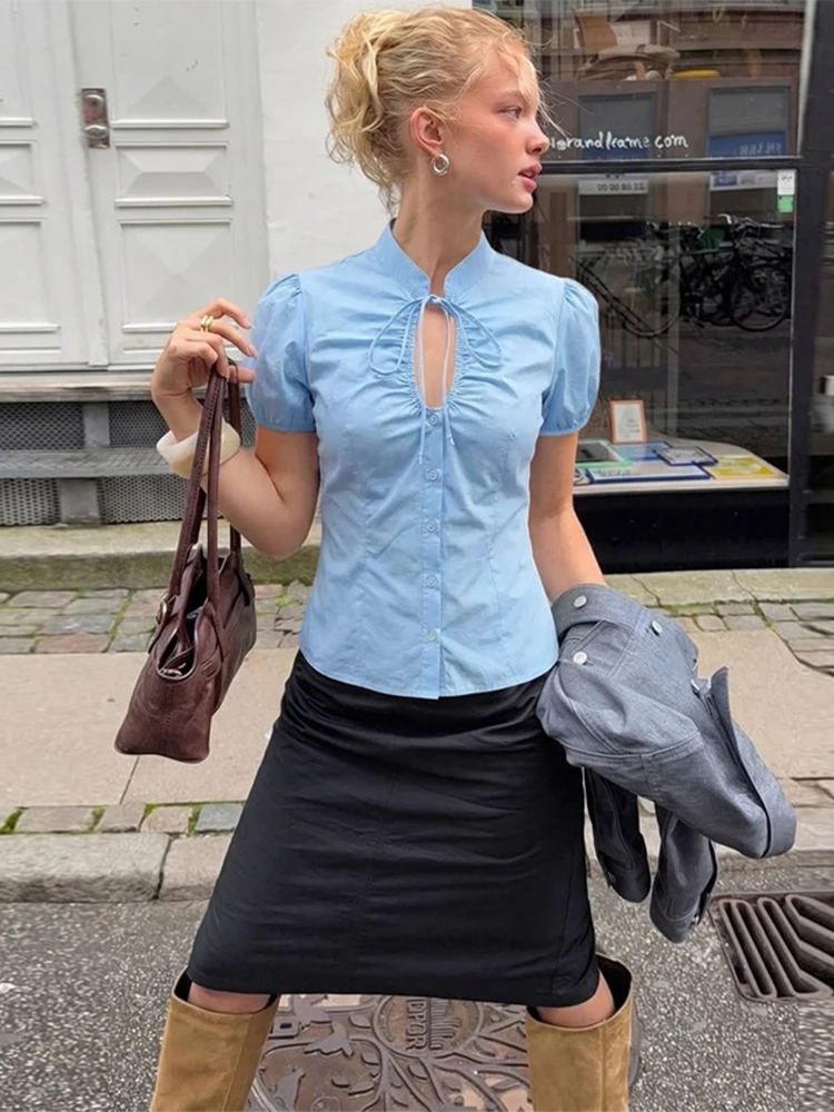 Trendix Hollow Out Cardigan Tops For Women Fashion Lace Up Patchwork Short Sleeve Slim Tees Street Casual Commute Office Top