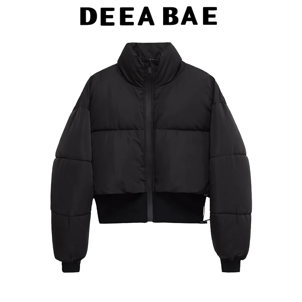 

DEEABAE 2025 Autumn New Product Women's Versatile Black Stand up Collar Zipper Splicing Short Cotton Jacket Coat
