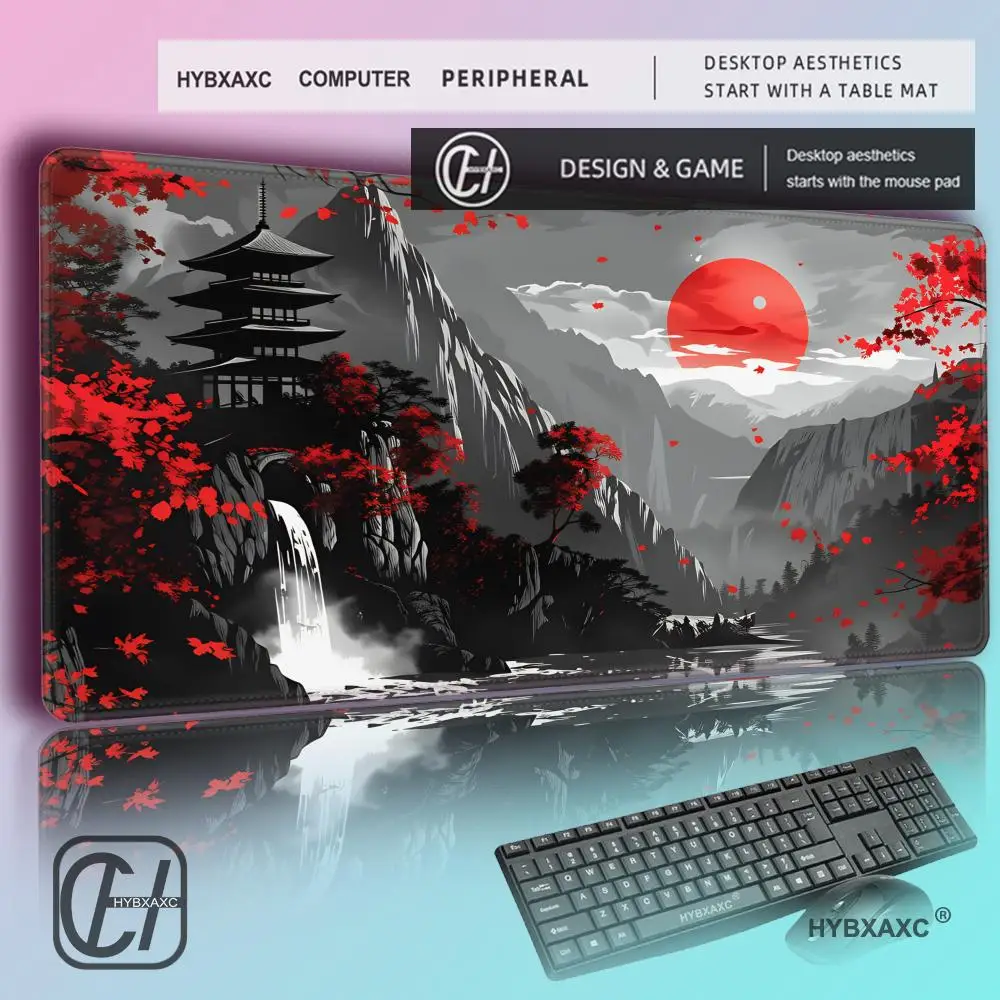 

HYBXAXC Japanese Cherry Blossom Mountain Large Desk Mat, Ink Style Gaming Mouse Pad, Non-Slip Keyboard Pad