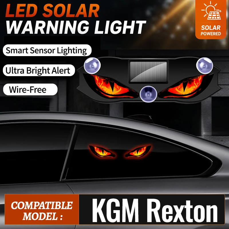 Fits For KGM Rexton Car LED Solar Devil Eye Warning Flash Light Triangle Dynamic Wireless Window Strobe Decorative Light