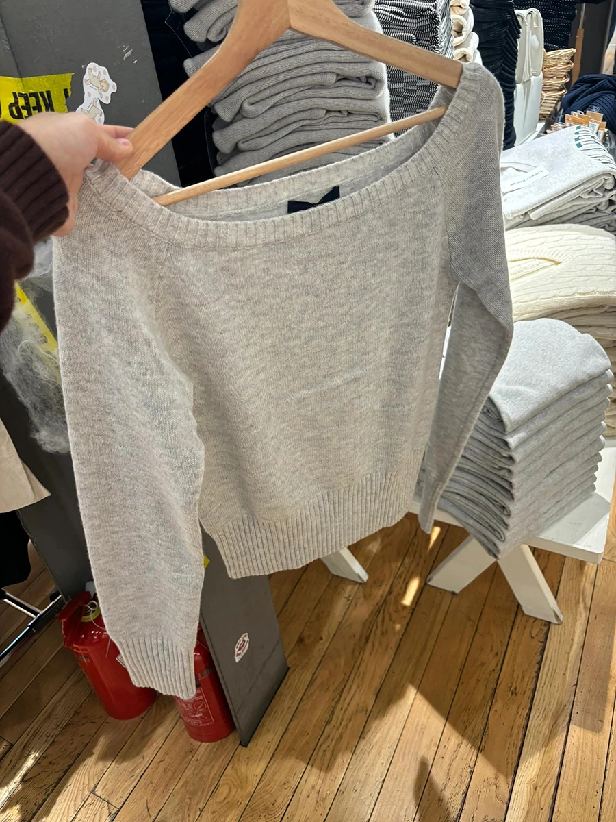 Gray Knitted Long Sleeve T-shirt Women Autumn Ribbed Slash Neck Slim Short Pullover Tops Preppy Style Sweet Casual Sweaters New