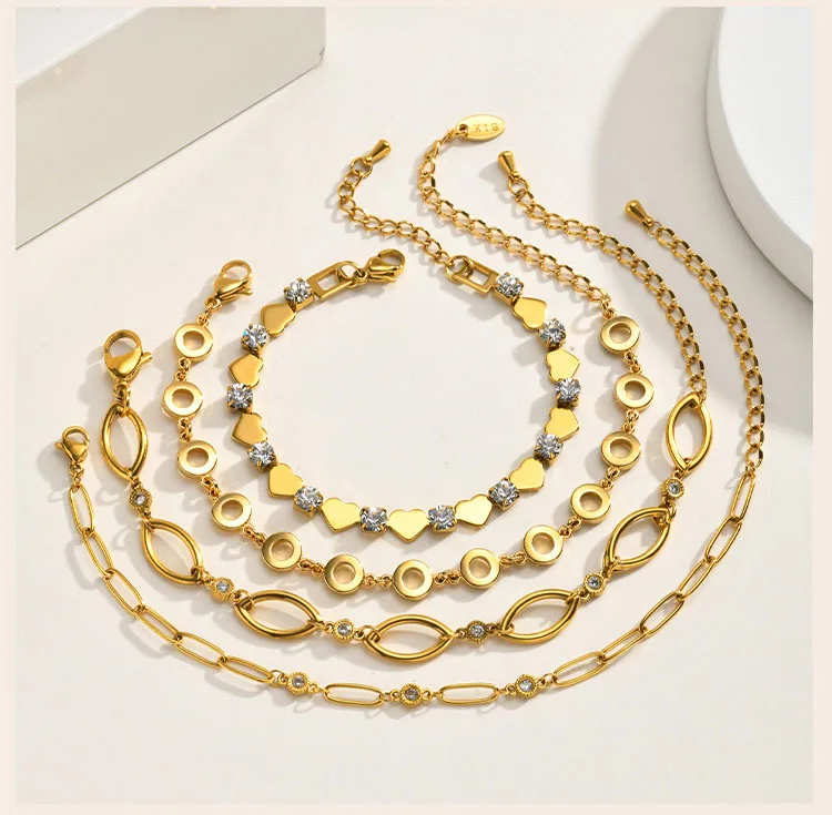 Geometrisches Gliederarmband für Damen, 18K vergoldete Edelstahlkette mit Zirkonia, wasserdichter stapelbarer Schmuck – Detail 4
