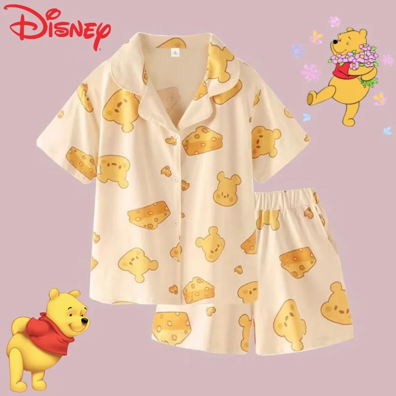 

New Disney Collection Winnie the Pooh Fashion Cute Cartoon Print Short Sleeve Shorts Loungewear Loose Comfortable Pajama Set