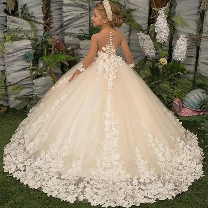 Pó Blusher Rosa Fofo Tule Smoking Manga Longa Applique Flower Girl Dress Casamento Elegante Crianças Vestido De Aniversário De Natal