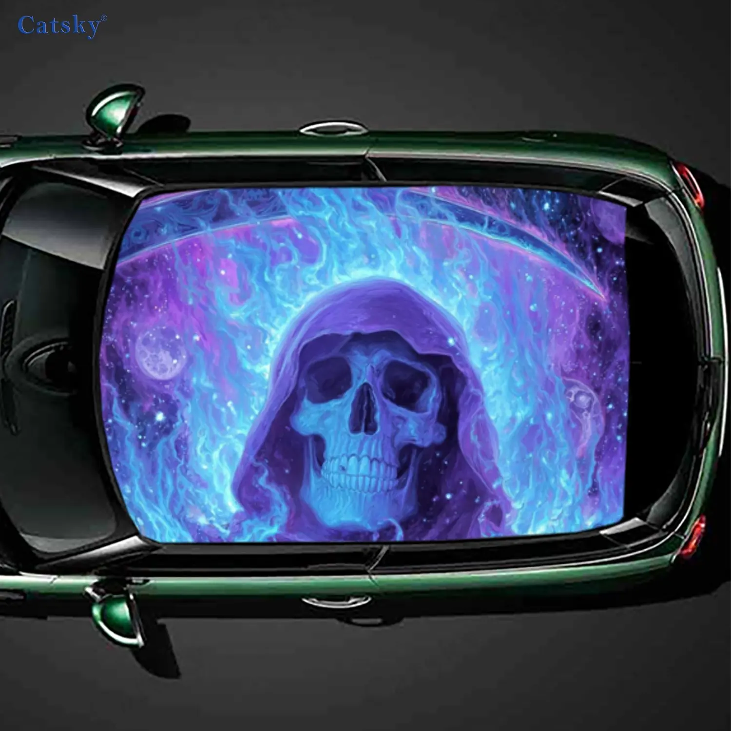

Purple Hooded Flame Skull Car Roof Sticker Wrap Racing SUV Auto Accessories Packaging PVC Car Hood Graphic Decal Decoration Gift