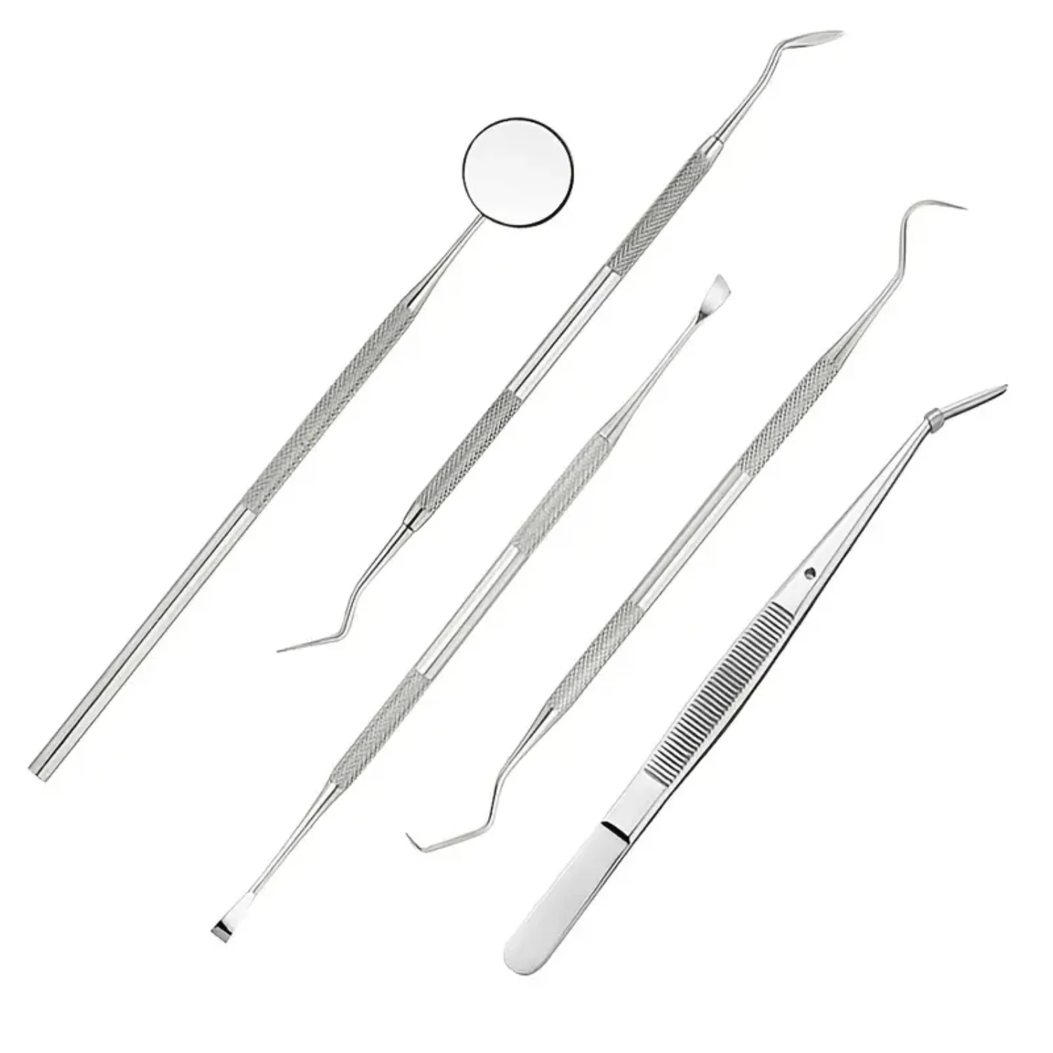 Kit de ferramentas dentárias de aço inoxidável de 5 unidades |   Conjunto de ferramentas para limpeza de dentes com espelho bucal |   Instrumentos odontológicos de nível profissional