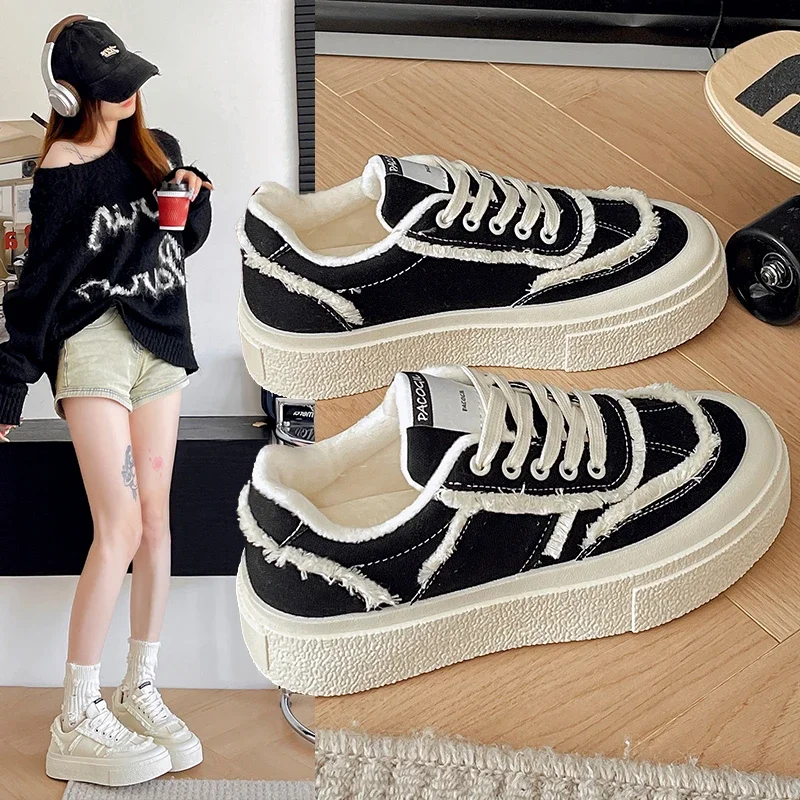 2025Women Beige Platform Sneakers Tassels Lace Up Canvas Flat Shoes Student Casual Sports Running Shoes New  Vulcanized Shoe