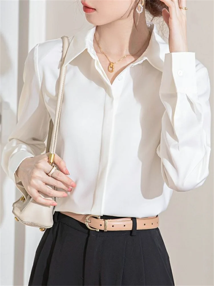 Satin Blouses Gray Blue Shirt For Women Professional Formal Blous Laple Cardigan Top Woman Shirts Button Up OL Feminine Blouse