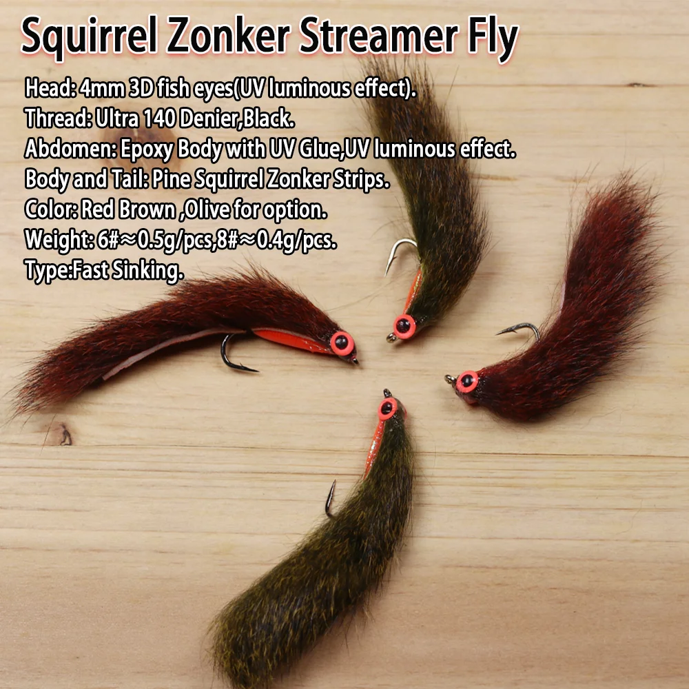 Vampfly 6PCS Squirrel Strip Zonker Streamer Fly Luminous 3D Fish Eye Wet Fly Bass Trout Pike Saltwater Fishing Lure Bait 6# 8#