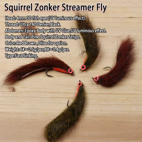 Imagen 2 del producto Vampfly 6 uds tira de ardilla Zonker Streamer mosca luminosa 3D ojo de pez mosca húmeda lubina trucha Lucio señuelo de pesca de agua salada cebo 6 # 8 #