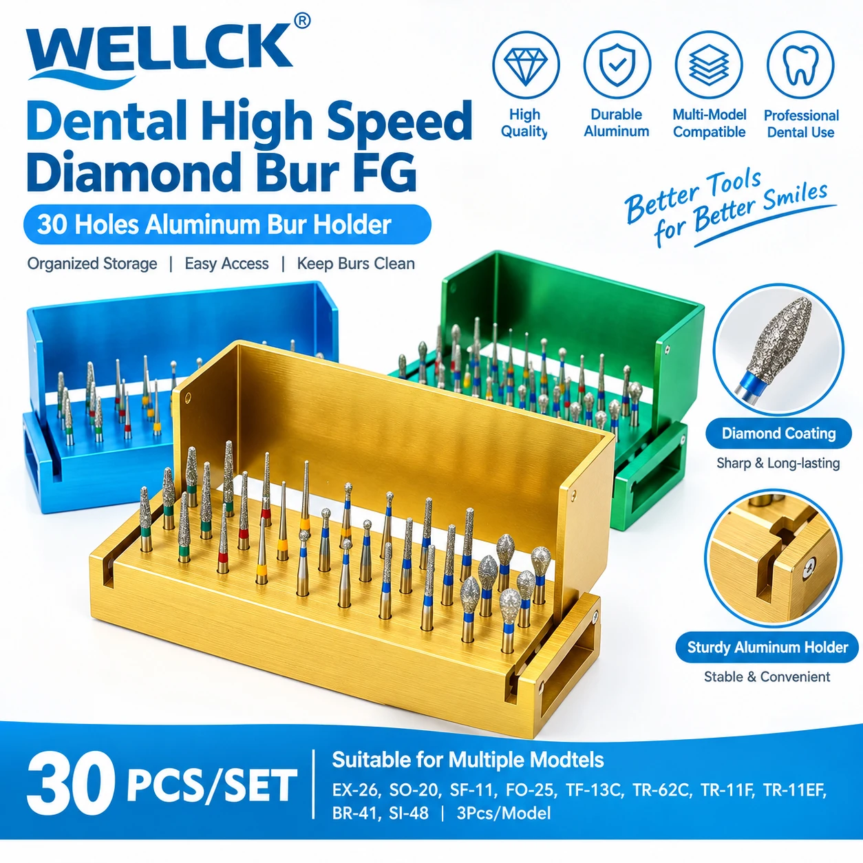 30Pcs/Set Dental Diamond Burs Drill Disinfection Block High Speed Handpiece Burs Holder Alumimum Instrument Set Dental Lab Tools