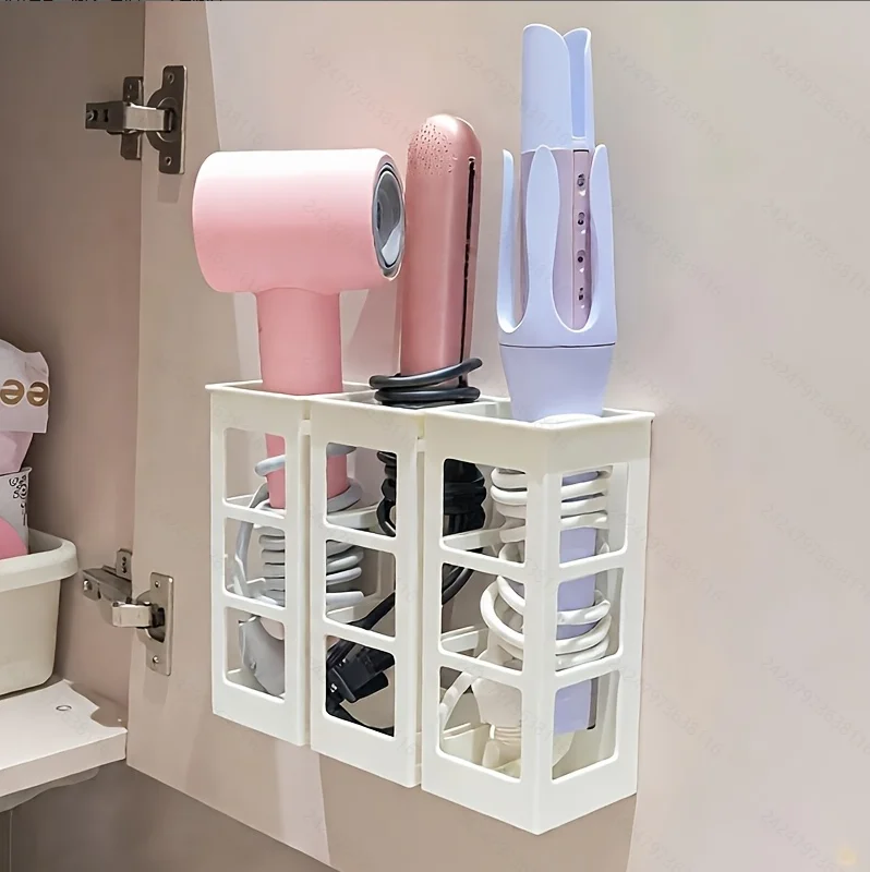 Two-piece set (1 storage rack, 1 sticker) wall-mounted hair tool storage rack, includes 1 hair dryer and curling iron holder with 1 no-trace adhesive sticker, no-drill bathroom wall-mounted hair styling tool holder