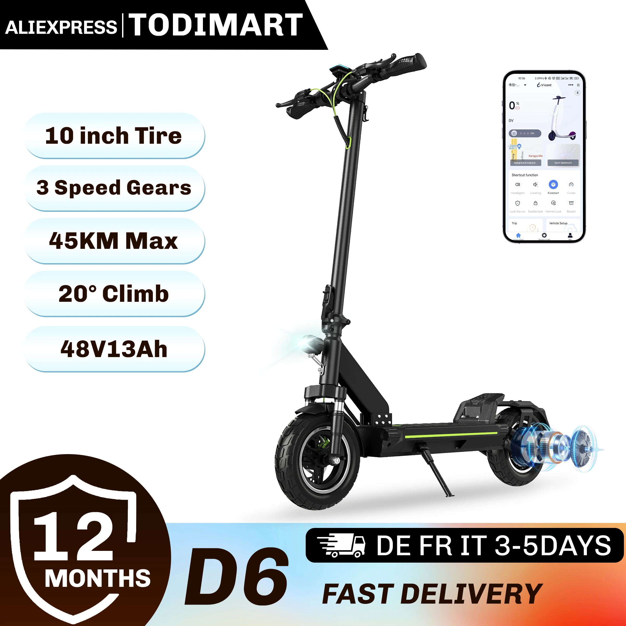 Scooter Eléctrico para Adultos D6, 48V 13AH, Largo Alcance, con Aplicación Inteligente, Doble Amortiguación, Plegable, para Viajes Urbanos