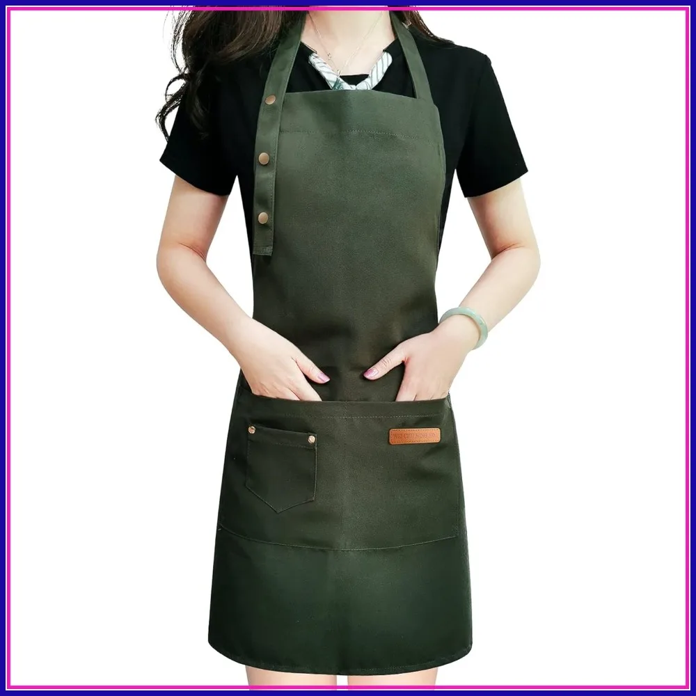 

Canvas Cotton Apron for Men Women, Adjustable Straps Large Pockets, Waterproof Green Kitchen Chef Bib