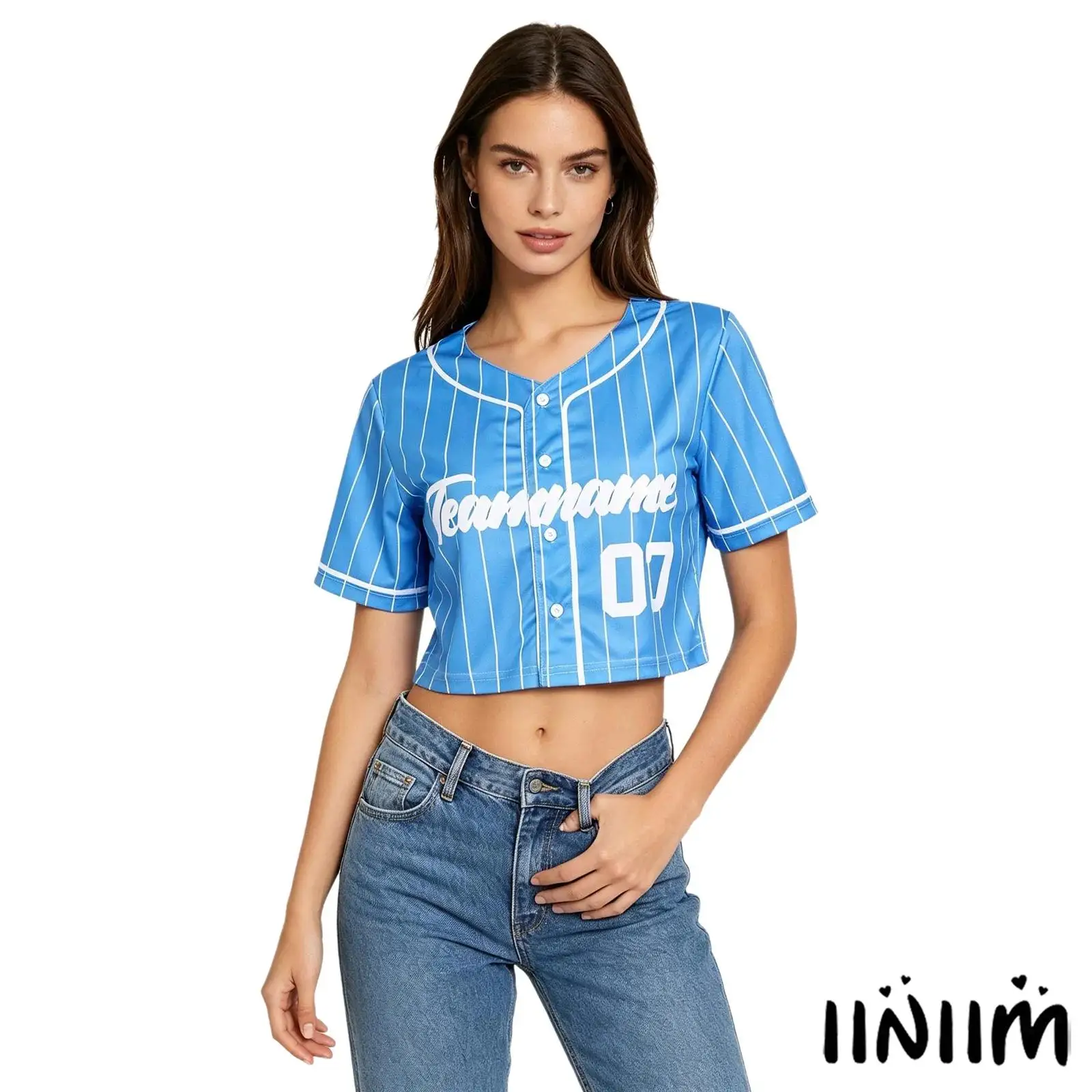 Fashion Women Cropped Baseball Top V Neck Short Sleeve Letters Print Striped Button Front for Casual Cheerleading Ball Games
