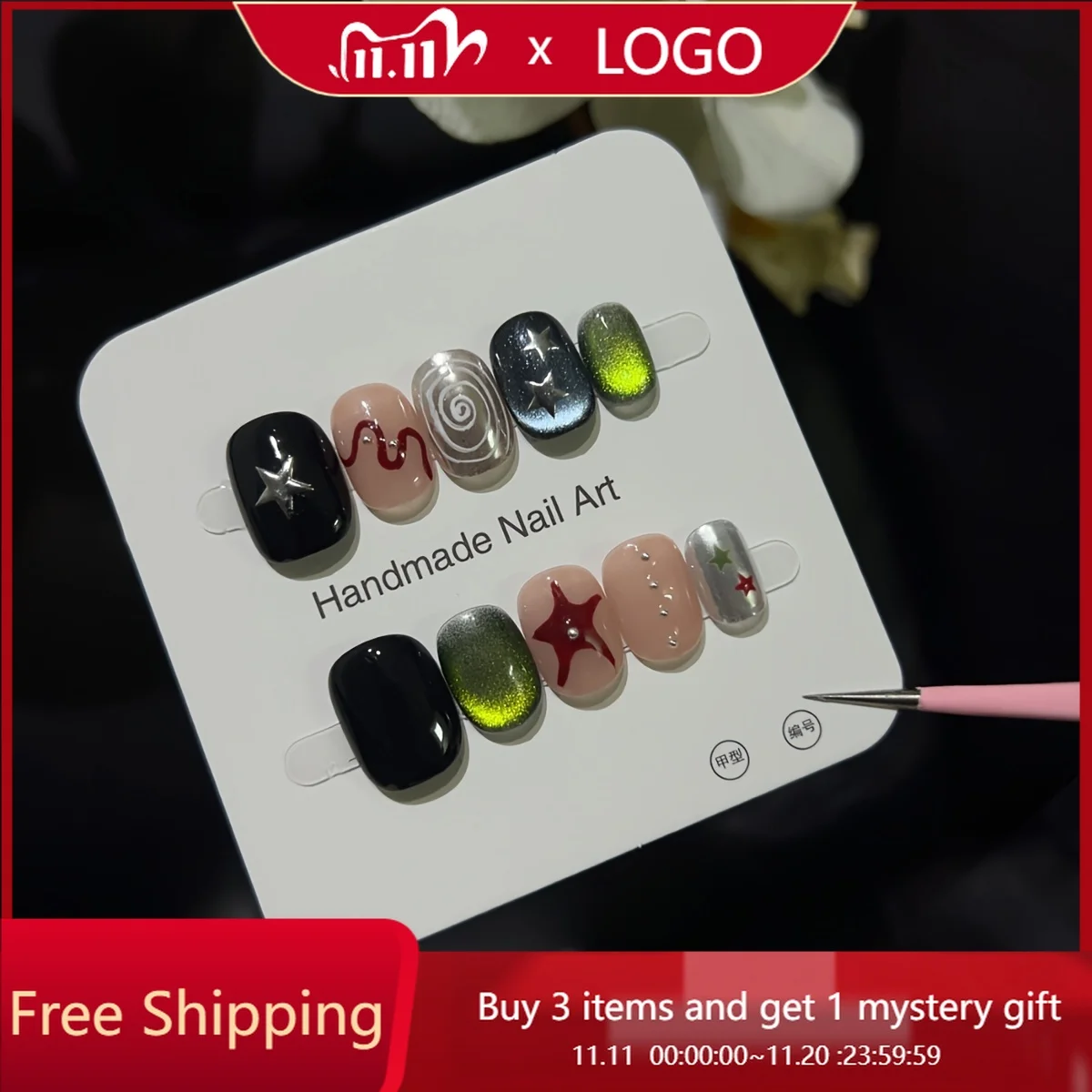 

10pcs Handmade Press on Nails Five-Pointed Star Cat Light Mirror Fake Nail for Women&Girls Short Oval Detachable Wearable Nail