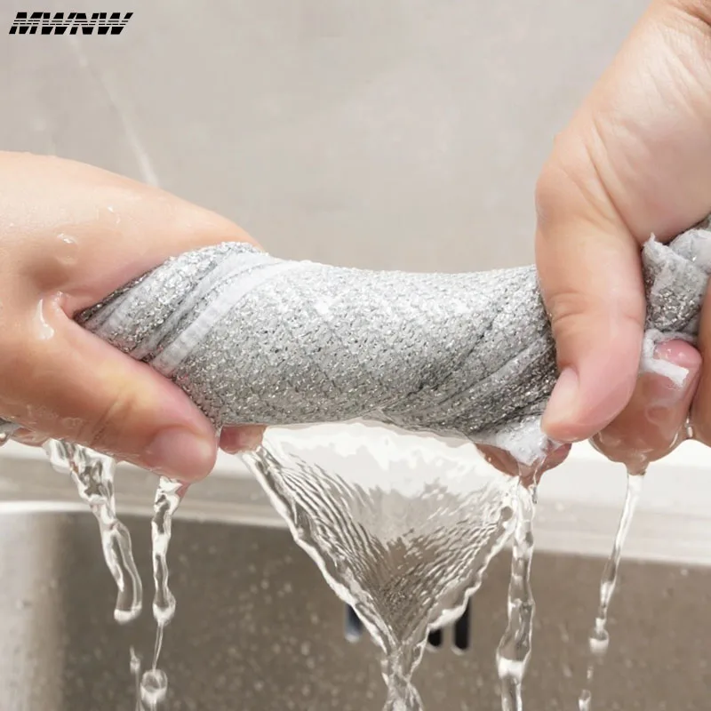 10 adet sihirli Dishcloth gümüş tel temizleme mutfak bezi kalınlaşmış mikrofiber yıkama havlu yerleşik sünger çelik tel topu Rag