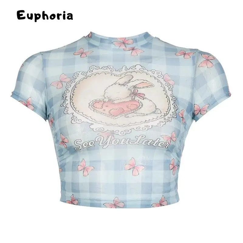 Euphoria Japanese Cute Y2k Graphic T-shirt 2000s Short Sleeve Crop Top Sweet Core Aesthetics Pleated T-Shirts Gyaru E-Girl 90s