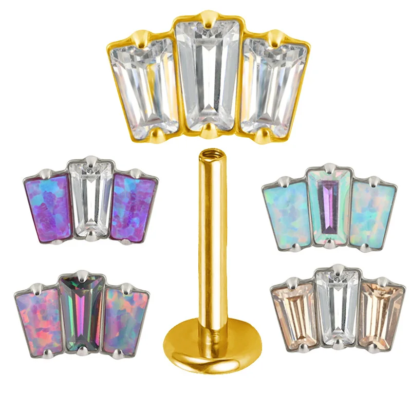 

G23 Titanium Ear Studs PIERC 3 Rectangle Top Opal and CZ Labret Lip Stud Ear Cartilage Tragus Helix Tongue nail Piercing Jewelry